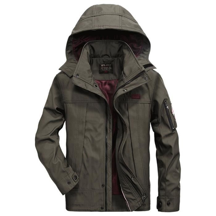 Blouson homme veste de sport à capuche uni coupe vent imperméable zip jacket  Kaki - Cdiscount Sport