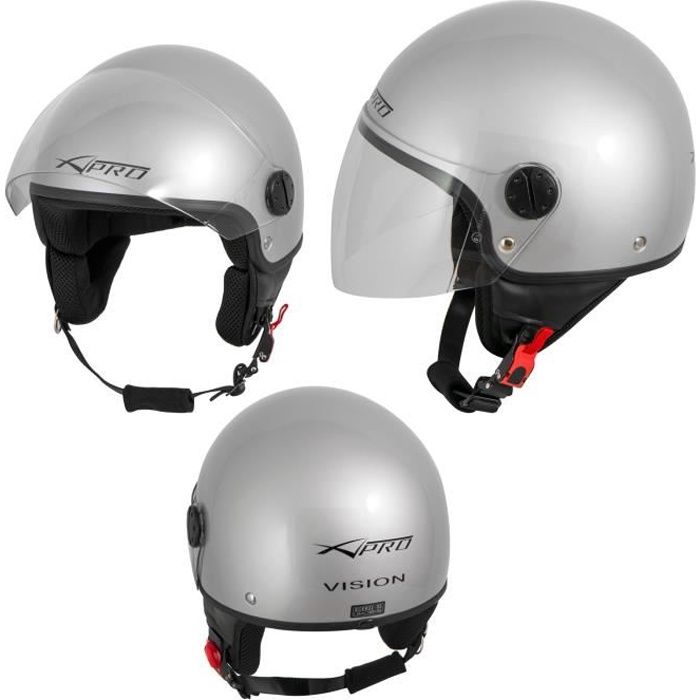 Casque Moto Scooter Vespa Jet Visiere Longue Approuvé ECE 22 Argent XS