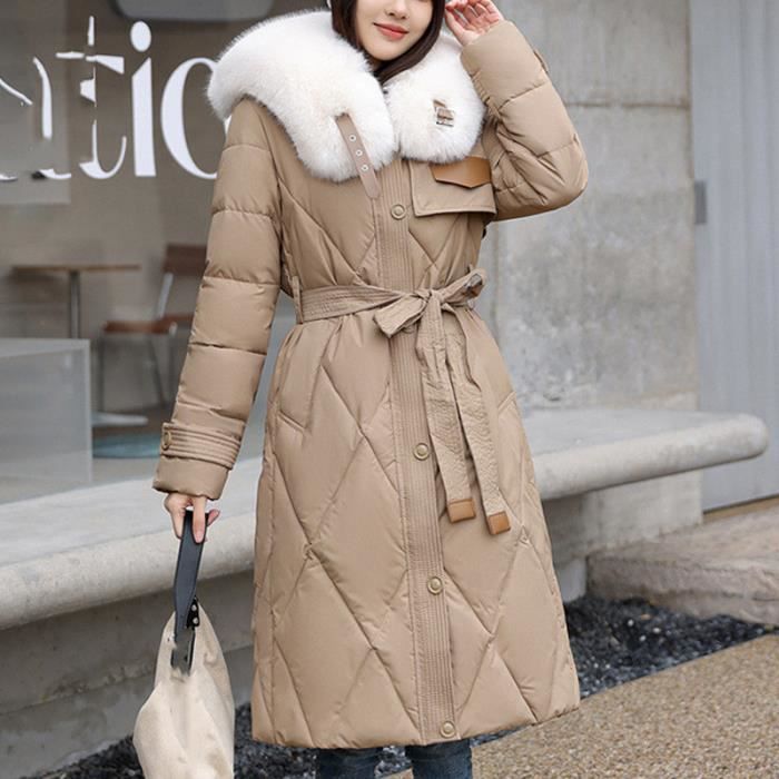 Doudoune Femme Longue en Duvet Hiver Chaud Elegant Doudoune Casual a col en Fourrure KAKI XS XL
