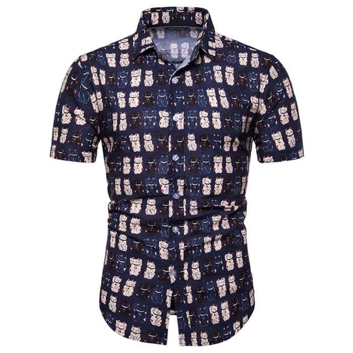 Chemise D Ete Homme A Manches Courtes Shirt Homme Imprime Chat Porte Bonheur Avec Col Carre Coupe Slim Mode Confortable En Coton Bleu Marine Achat Vente Chemise Chemisette Cdiscount