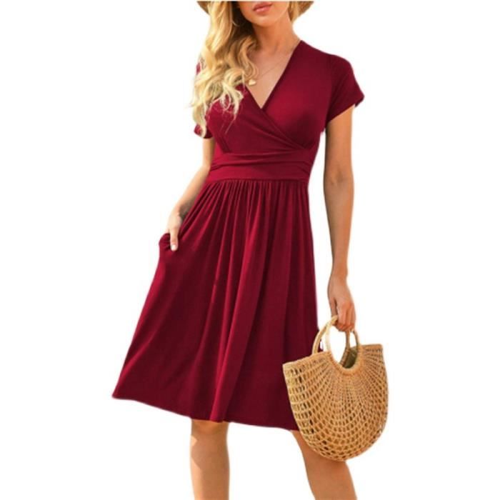 Robe D'été Femme Manches Courtes Col V - Légère, Respirante, Avec Poches, Coupe A - Pour Quotidien Ou Sortie