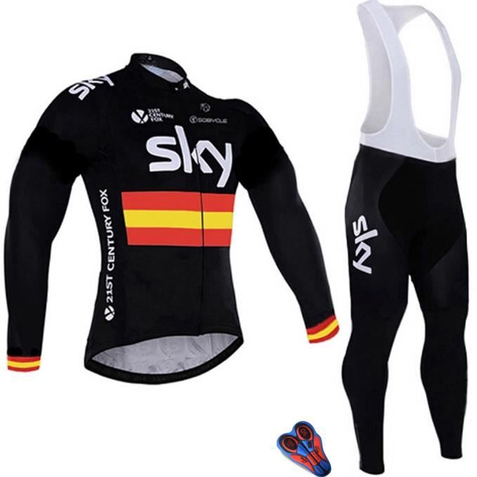 Tenue de Cycliste Maillot de Vélo Manches Longues Homme + Pantalon À Bretelle VTT Route Ensemble de Vetement - Sport