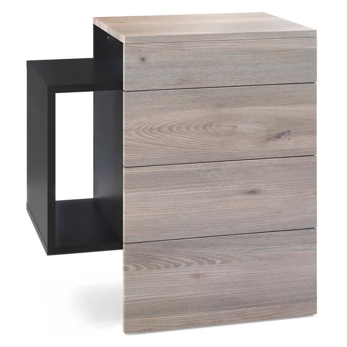 table de chevet - mpc - noir mat et aspect chêne nordique - 2 tiroirs - 1 compartiment latéral