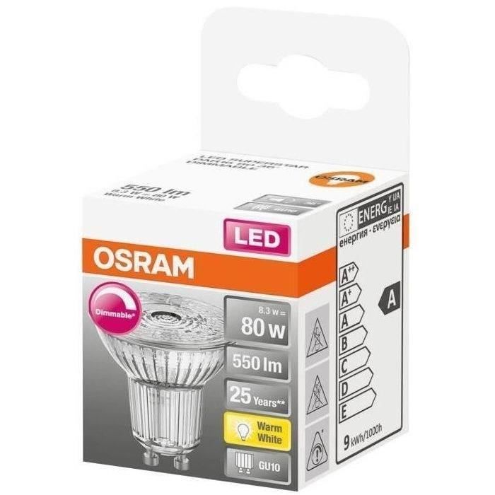 osram spot par16 led 36 verre variable 8.3w gu10 550lm 2700k chaud - boite de 1