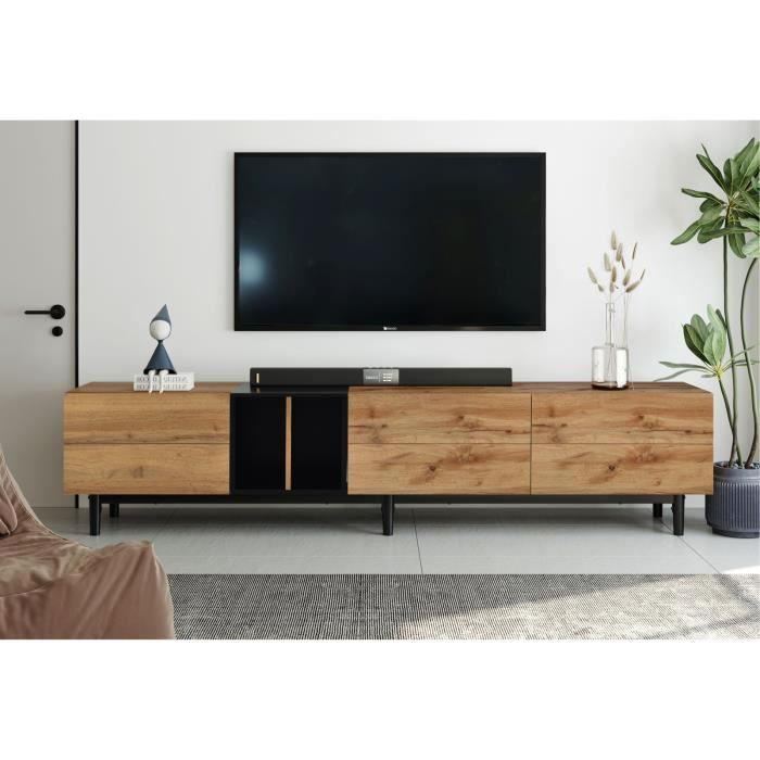 meuble tv moderne modulable 195 cm, bois et noir, mdf et fer, portes battantes, facile à assembler, design color block