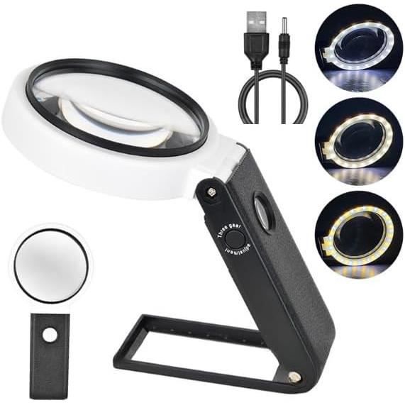Loupe Lumineuse 10X/30X - 110mm Avec Support - LED & UV - Pour Lecture, Bijoux, Point De Croix
