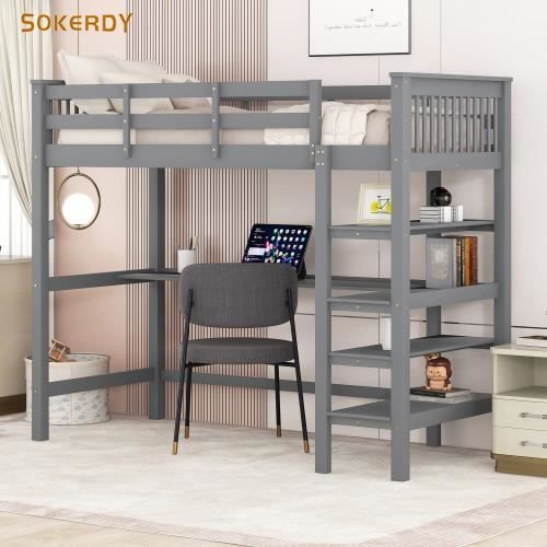lit mezzanine enfant - sokerdy - 140x200 cm - rangement et bureau - bois massif - gris