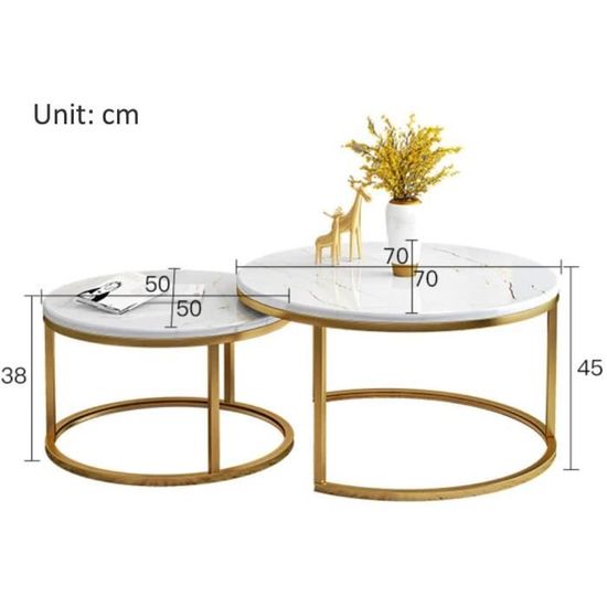 Tables Basses Gigognes Rondes 2 Pièces - Noir Et Blanc - Métal Et MDF - Grandes 70x70cm, Petite 45x45cm - 6