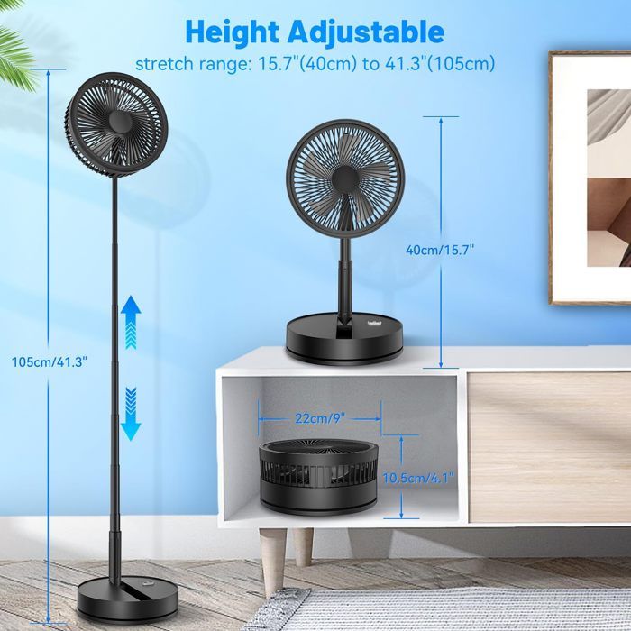 Ventilateur Sur Pied Pliable Ultra Silencieux Avec Télécommande - 9'' Portable USB Rechargeable 7200mAh, 4 Modes + Timer 4H, Oscillation 60°, Idéal Chambre, Bureau, Camping