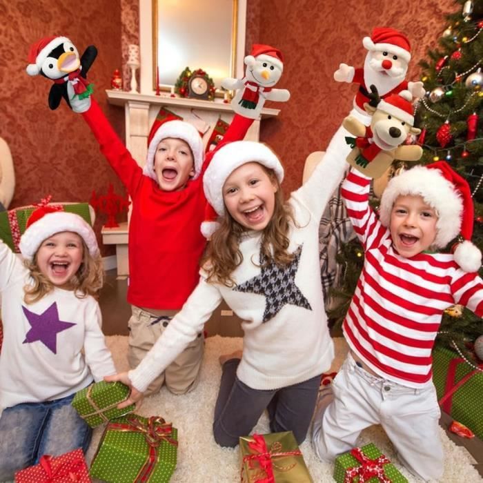Set De 2 Marionnettes à Main De Noël – Père Noël Et Renne – Bouche Mobile – Peluche Douce – 28 Cm – Jeu De Rôle Et Cadeau