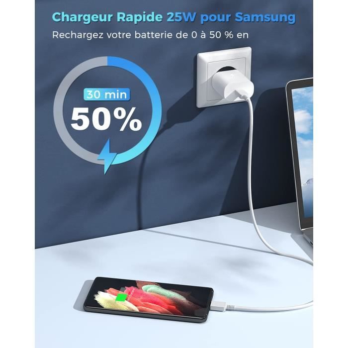 Chargeur Rapide USB C pour Samsung, Charge 25W Fast USBC pour Galaxy A54 5G  A23 A34 A33 A14 A13 A53 A04S A12 A52 A32 A22 A51 A20 A10, Adaptateur