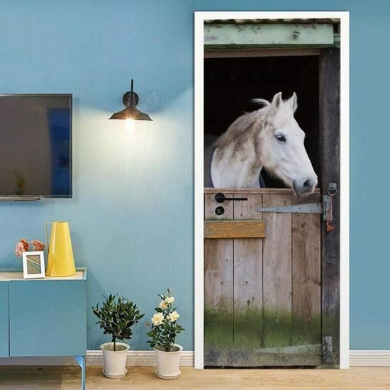 Sticker Porte 3D Effet Cheval Blanc - Papier Peint Adhésif Imperméable 77x200 Cm - Déco Salon/chambre