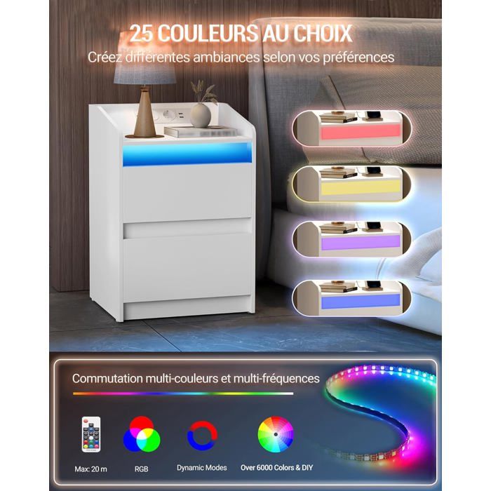 Table De Chevet LED Avec Charge USB - Capteur Infrarouge - Bois Et Cuir Blanc - Neuve