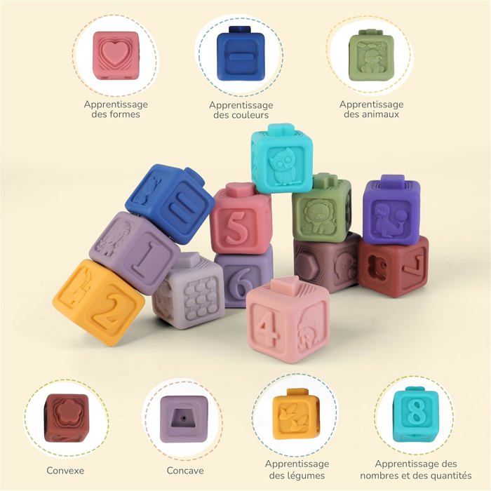 12 Cubes Sensoriels Montessori Bébé - Jouet Silicone 6 Mois à 3 Ans - Éveil Des Sens