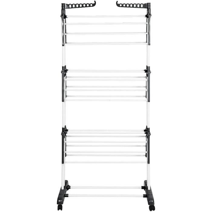 Séchoir à Linge Tour 3 Étages Doubles. Étendoir à Linge Interieur Pliable avec Roues et Extensible pour Intérieur et Extérieur, avec Support pour Les Petits Objets, 75*64*170 cm (noir + blanc