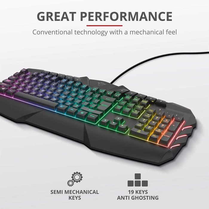 Trust Gaming Clavier De Jeu Semi-mécanique Avec Disposition Britannique GXT 881 ODYSS – Éclairage LED Multicolore, Anti-ghosting, 10 Touches D'accès Direct, PC/Ordinateur Portable