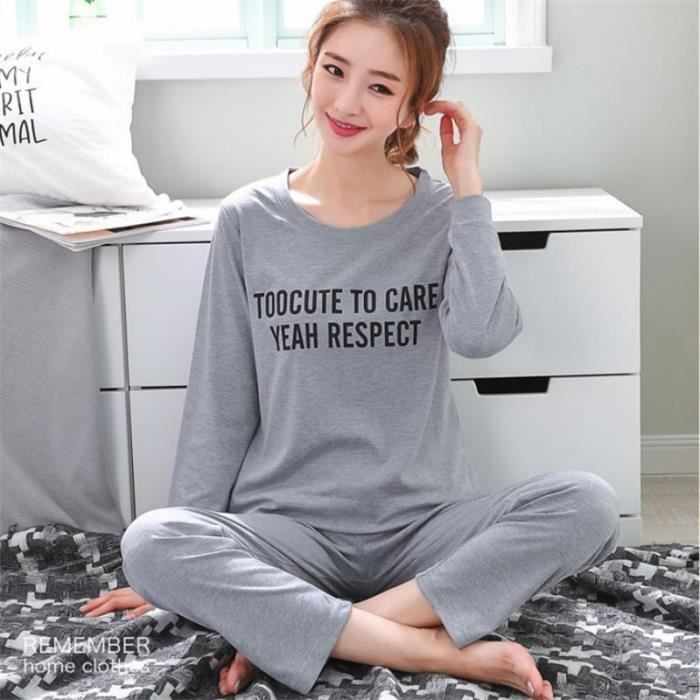 Pyjamas Femme en Coton Vert Leger SEVENTUM Automne Hiver Col rond Longueur entiere