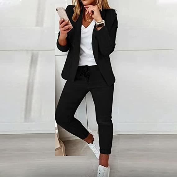 Tailleur Femme 2 Pieces Elegant Slim Fit Blazer Veste Formel Bureau Travail Pantalon Costumes Revers Manteau Ensemble Noir Cdiscount Pret a Porter