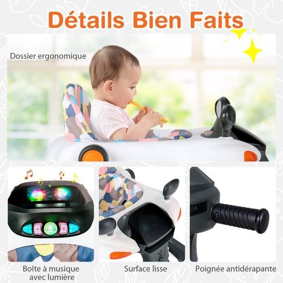 COSTWAY Trotteur Youpala Bébé 6-18Mois 2 en 1 Pliable avec Musical,3  Hauteurs Réglables Siège et Dossier Rembourré Charge 12kg Blanc - Cdiscount  Puériculture & Eveil bébé