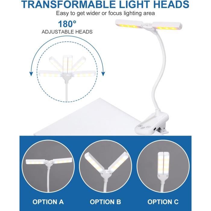 Electight 14 LEDs Lampe de Lecture Double Tête, Liseuse Lampe Clip USB  Rechargeable, Lumière du Livre 360° Cou Flexible, 3 Couleur& Gradation  Progressive, Jusqu'à 80H, Portable pour Lire et Voyager : 