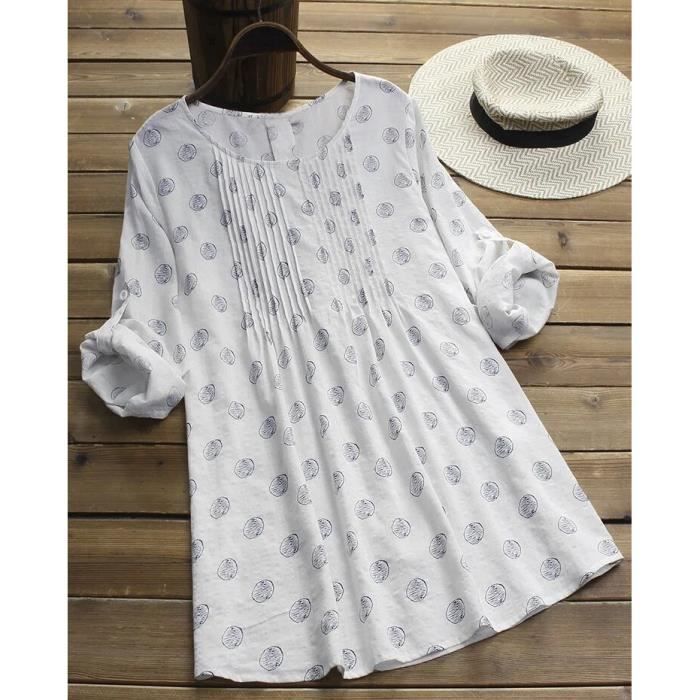 Femme 2019 printemps ete coton et lin blouse imprime a manches longues pull chemise grande taille S 5XL femmes WHITE B1464 Blanc Cdiscount Pret a Porter