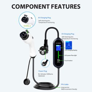 Chargeur Voiture Électrique Type 2 6-16A 3.68kW 8M - Câble Recharge VE Avec Écran LED, Compatible Model 3, E-tron - YIGOWYIGO