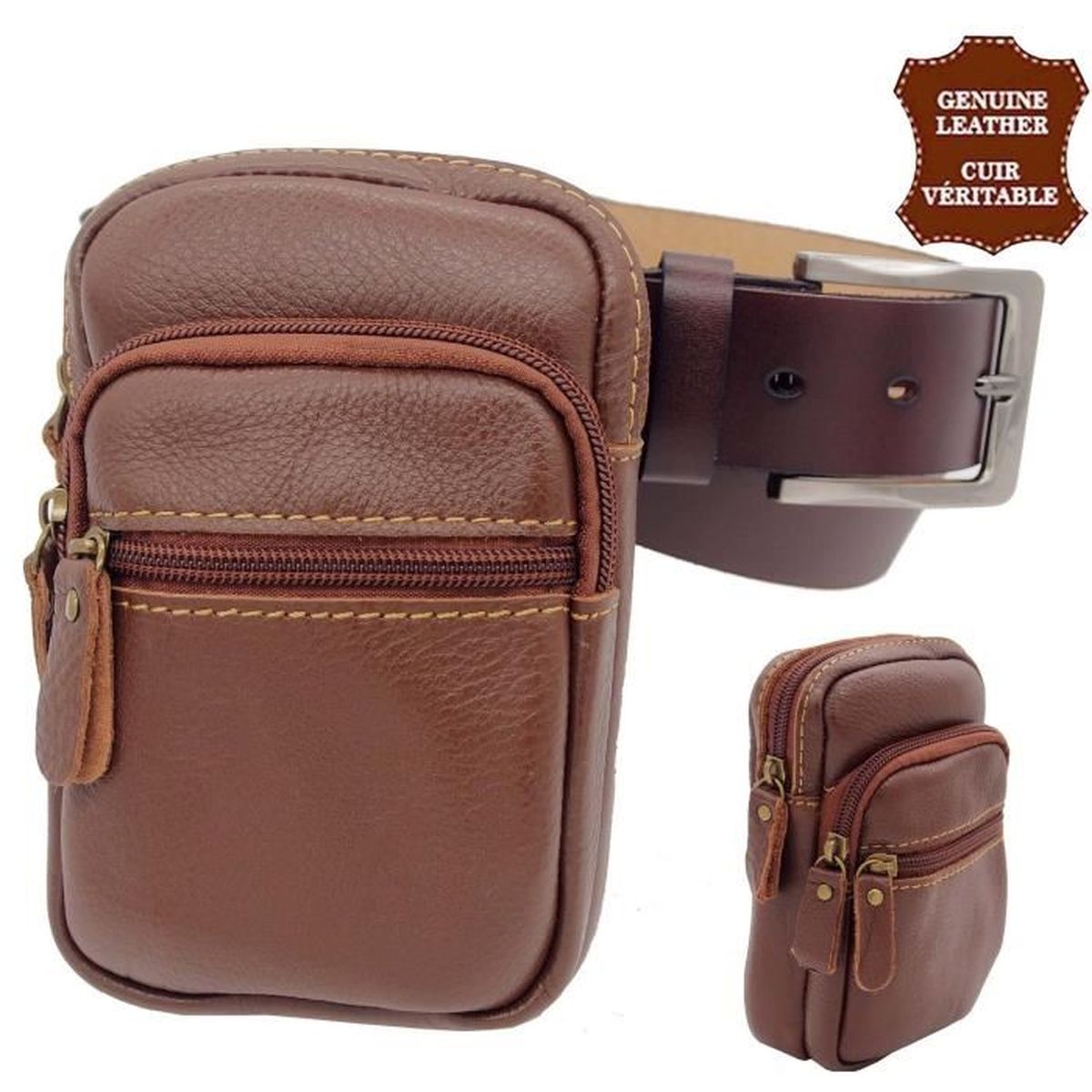 Pochette Ceinture Cuir Pour Téléphone - Portefeuille Avec Porte-Cartes, Mousqueton - Homme