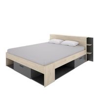 SAX Lit adulte - 160x200 cm - 3 tiroirs + Tête de lit avec rangement - Décor chêne et anthracite