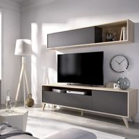 Meuble TV avec étagère murale - Décor chêne et graphite - L 180 x P 41 x H 51 cm - BONN