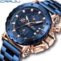 Montre Homme CRRJU - Quartz Chronographe Sport - Cadran 47mm - Etanche 30M - Or Rose Bleu