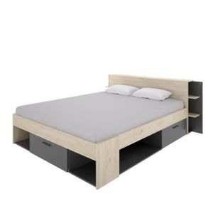 STRUCTURE DE LIT SAX Lit adulte - 160x200 cm - 3 tiroirs + Tête de lit avec rangement - Décor chêne et anthracite