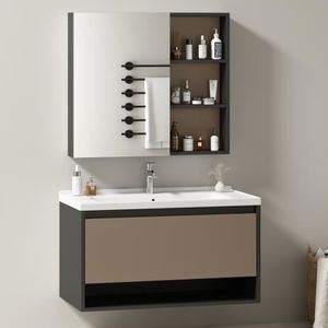 MEUBLE VASQUE - PLAN Ensemble de meubles de salle de bain, meuble vasque suspendu largeur 90 cm avec lavabo en céramique, tiroirs, meuble miroir