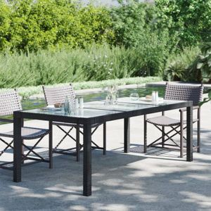 TABLE DE JARDIN  Meuble Table de jardin - Noir - 190x90x75 cm - Verre trempé-résine tressée 33.4 KG