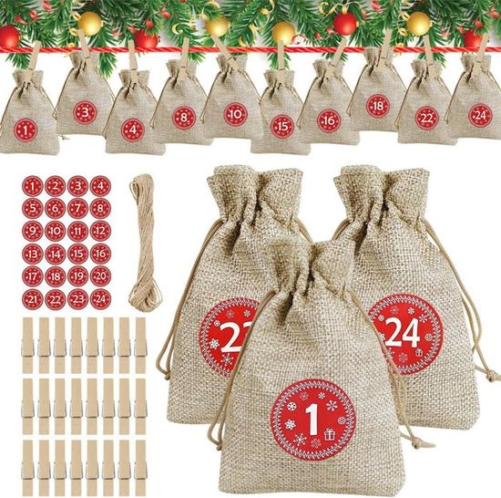 Calendrier De L'Avent 2025 à Remplir - 24 Sachets En Toile De Jute 15x10 Cm Avec Ficelle - 8