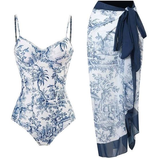 Paréo Jupette De Bain Opaque à Fleurettes Bleues Sur Fond Blanc - Neuf Avec étiquettes