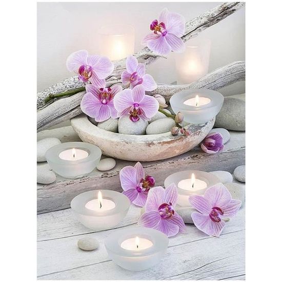5D Broderie Diamant Orchidee Peinture en DIY Point de Croix en Résine Décoration Maison Salon Chambre (Bougie avec orchidée) 30*40cm