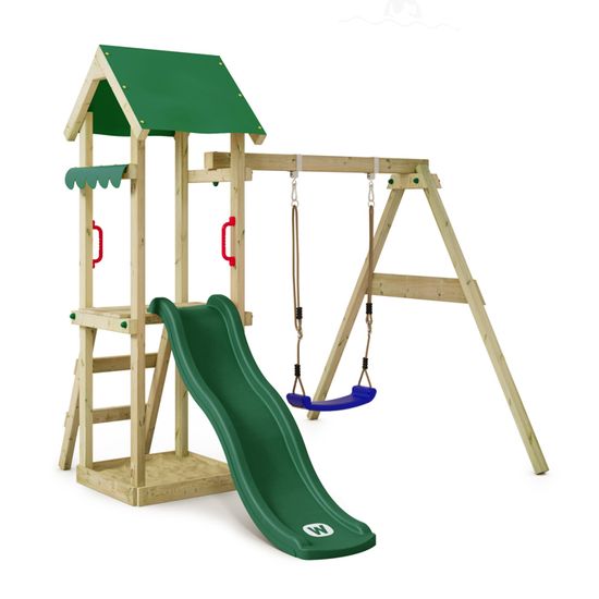 Aire de jeux en bois WICKEY TinyWave avec balançoire et toboggan vert pour enfants de 3 à 7 ans