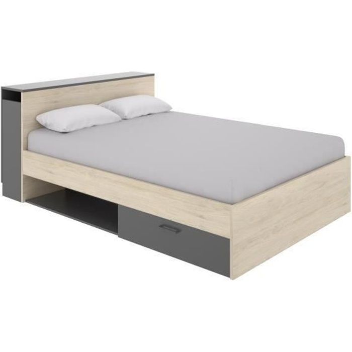 lit adulte 140x190 cm 2 tiroirs et 2 niches tete de lit avec 2 chevet decor chene et graphite ely cdiscount maison