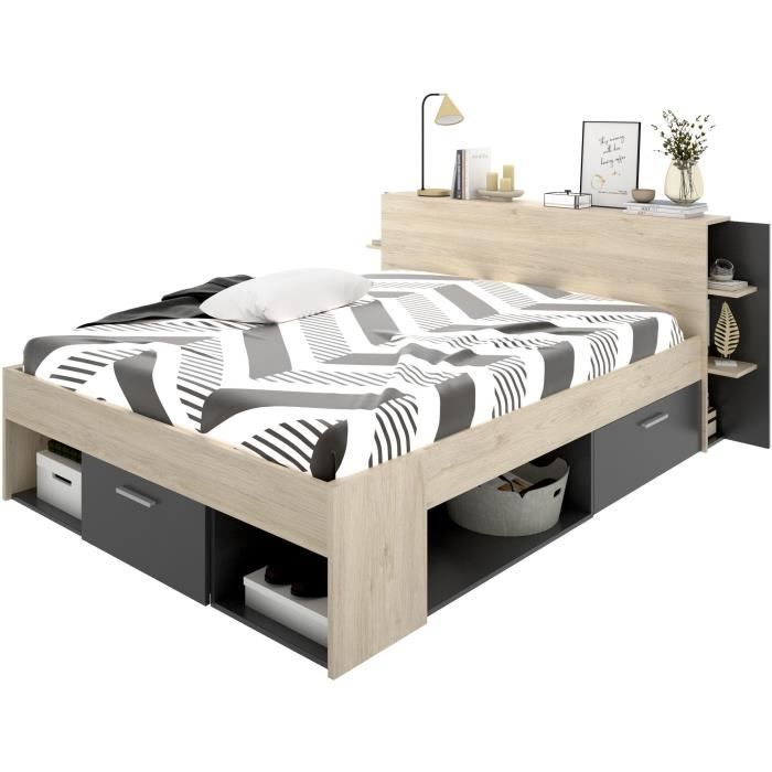 SAX Lit adulte - 140x190 cm - 3 tiroirs + Tête de lit avec rangement -  Décor chêne et anthracite - Cdiscount Maison