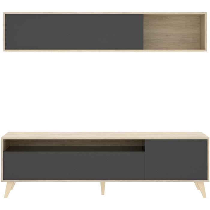 Meuble TV avec étagère murale - Décor chêne et graphite - L 180 x P 41 x H 51 cm - BONN