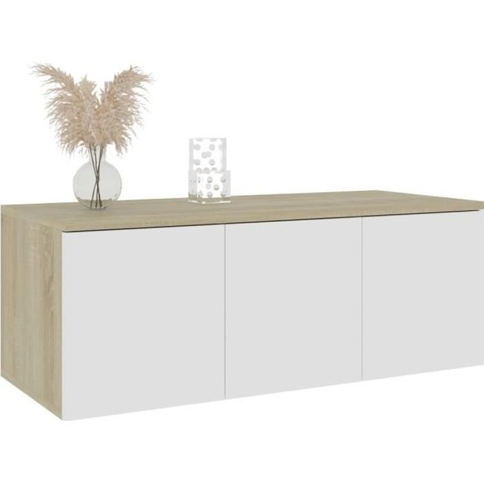 WIPES Meuble TV Design Contemporain Blanc et chêne sonoma 80cm Aggloméré