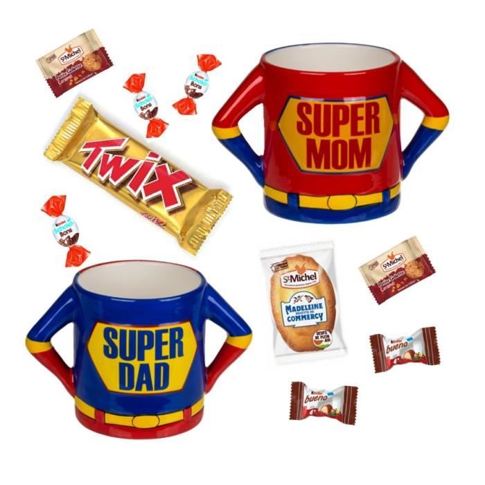 Lot de MUG SUPER DAD/ SUPER MOM garnis de Kinder Schokobons, Twix, galettes et madeleine St Michel, Nutella B-Ready - IDEE CADEAU