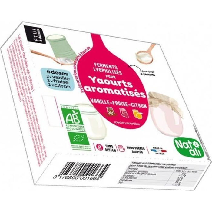 Ferment pour yaourts aromatisés étui 3 parfums vanille, fraise, citron 6x6gr