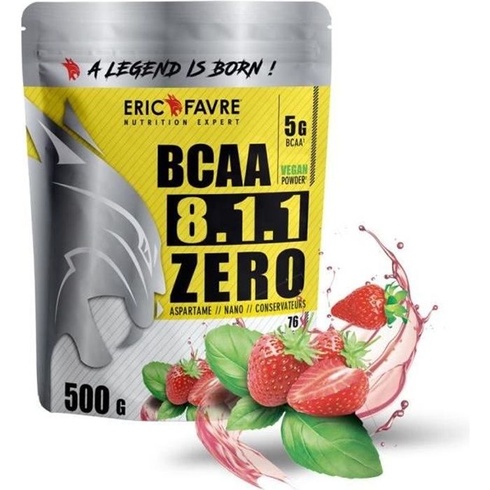 BCAA POUDRE 8.1.1 Zero - Acides Aminés Musculation Vegan 500 Gr - Laboratoire Français Eric Favre (Fraise Basilic)