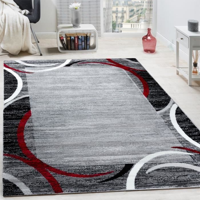 MOPUCHETE Tapis de Salon moderne avec bordure - Gris, noir et rouge