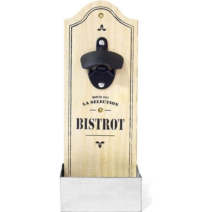 Décapsuleur Ouvre Bouteille Mural avec boîte récupératrice - bois