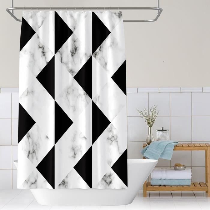 Rideau de douche marbre noir et blanc avec triangles anneaux inclus 3D effect imperméable 180 x 200 cm