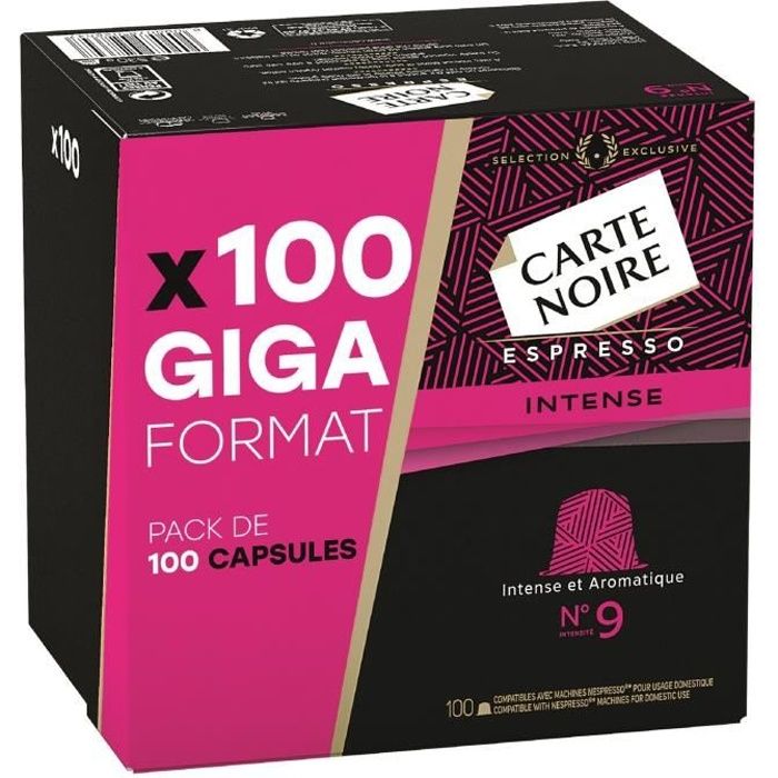 Café capsule espresso intense n°9 CARTE NOIRE Nespresso le pack de 100 capsules