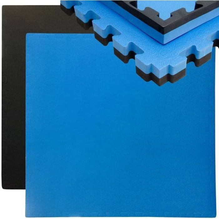 Tapis Puzzle de Fitness Protection Sol de Sport 90x90cm Noir Bleu