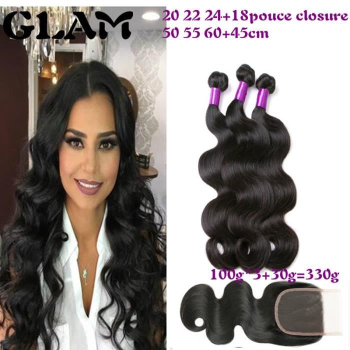 GLAM - (Free Part 18 closure 20 22 24) BRESILIEN Body Wave With CLOSURE Free Part